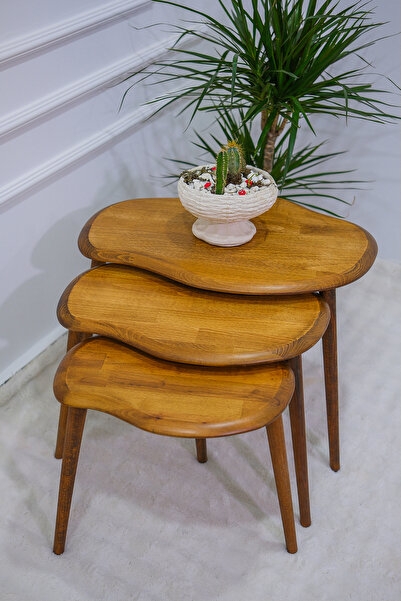 BAUPOR Doğal Ahşap Zigon Sehpa, Masif 3'lü Set, Modern Masif Yan Sehpa