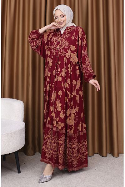 sefamerve Φόρεμα με μανίκια με λουλούδια 5574-03 Claret Red