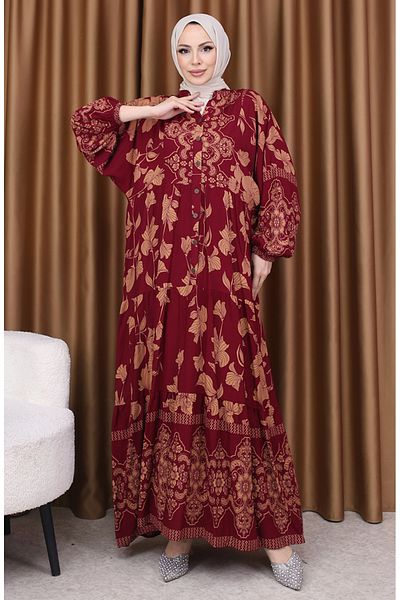 sefamerve Φόρεμα με μανίκια με λουλούδια 5574-03 Claret Red