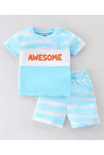 Babyhug Babyhug 100% Cotton Knit Half Sleeves T-Shirt & Shorts With Text Print - Blue & White