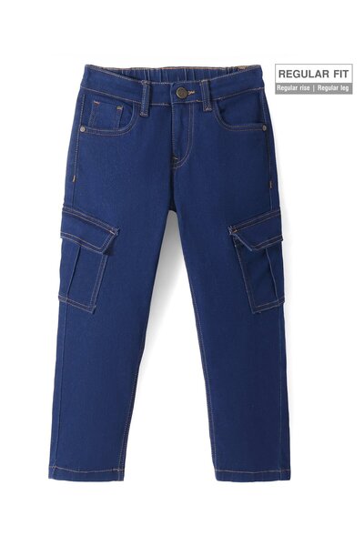 Pine kids بنطلون جينز باين كيدز منسوج كامل الطول ومغسول مع جيوب - أزرق داكن