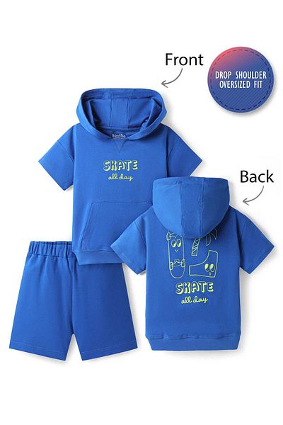 Bonfino Bonfino 100% Cotton Knit Half Drop Shoulder Sleeve Oversized T-Shirt & Short Set Skating Print-Blue