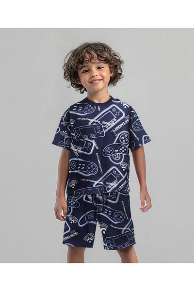 Primo Gino Primo Gino Cotton Knit Oversized Drop Shoulder Sleeve T-Shirt & Short Co-ord Set Gaming -Navy Blue