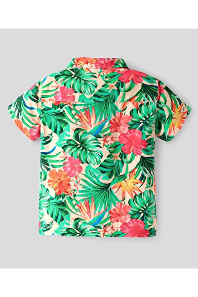 Bonfino Bonfino Oversized Resort Collar Tropical Print Shorts Set - Green/Beige