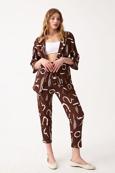 Know Women's Brown Patterned Kimono Shirt Pants Set