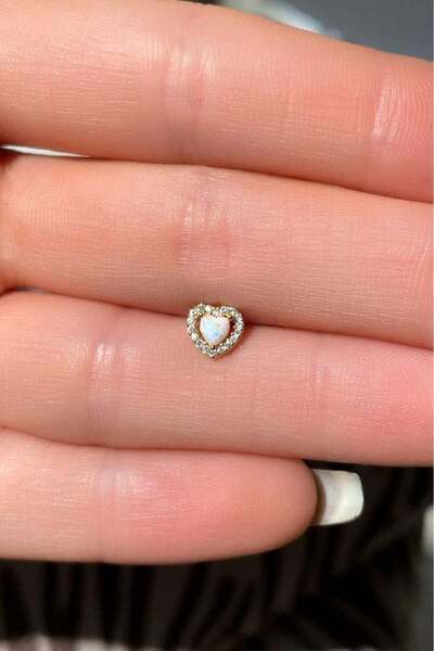 Spossy Silver Jewelry 925 Ayar Gümüş, Beyaz Opal Taşlı Kalp Piercing Küpe