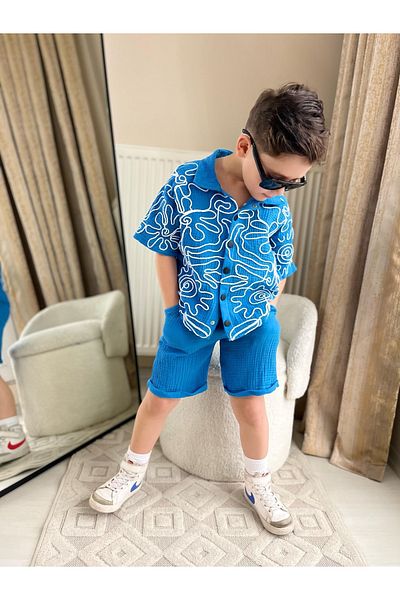 tunays shopping Embroidered Boy's Muslin Shorts Shirt Suit Premium Quality