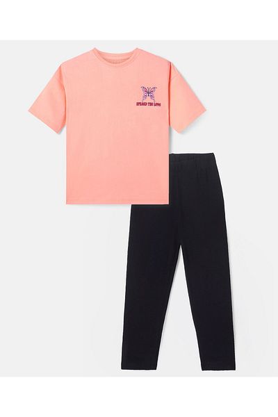 Primo Gino Primo Gino Cotton Knit Half Sleeves Butterfly Printed T-Shirt & Legging Set-Peach Nectar & Jet Black