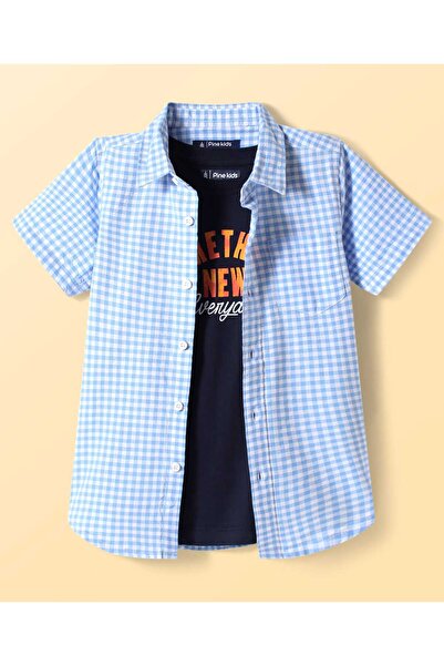 Pine kids قميص باين كيدز من القطن المنسوج بأكمام نصفية ومربعات مطبوعة بنص - أ...
