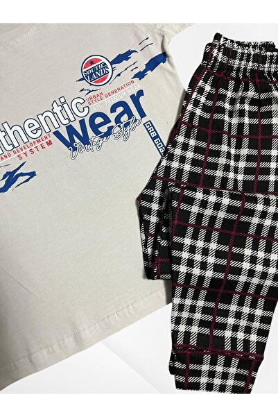 Pijamakids Boys' 100% Cotton Authentic Patterned Six Plaid Gray Black Short Sleeve Seasonal Pajama Set