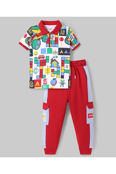 Ollington St. Ollington St. Cotton Knit Half Sleeves Collared T-Shirt & Joggers Set Games Printed - Red & White