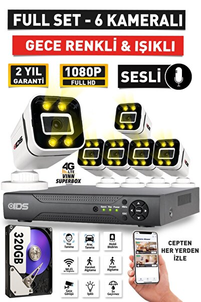 IDS SESLİ - 6 KAMERALI FULLHD GECE RENKLİ VE IŞIKLI GÜVENLİK KAMERASI - KAMERA SETİ 320GB DİSK