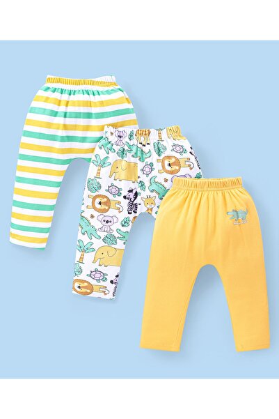 Babyhug Babyhug Interlock Knit Full Length Diaper Leggings Striped&Lion Print Pack of 3-Yellow White&Green