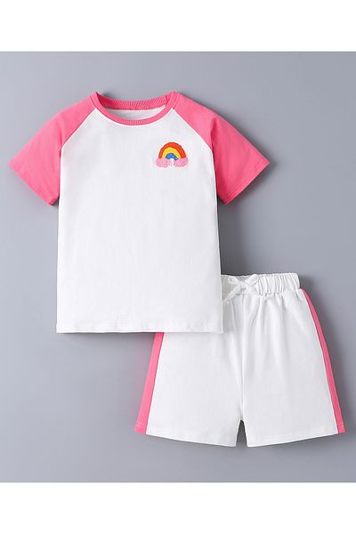 SAPS SAPS 100% Cotton Rainbow Patch Short Raglan Sleeve T-Shirt & Solid Short Co-ord Set-Pink & White