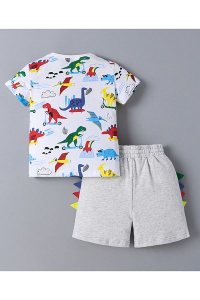 SAPS SAPS 100% Cotton All Over Dinosaur Printed Short Sleeves T-Shirt & Shorts Set - White & Grey