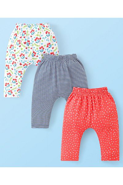 Babyhug بنطلون حفاضات طويل من القطن من بيبي هاج، مخطط ومزهر، عبوة من 3 قطع - كحلي، أبيض عاجي، وأحمر