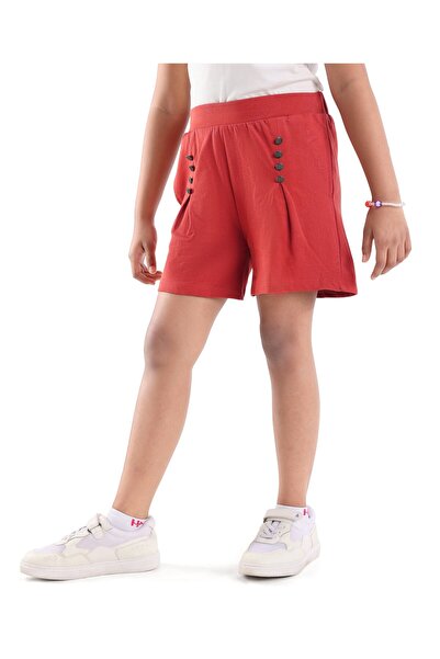 Honeyhap Honeyhap Premium 100% Cotton Looper Knit Above Knee Length Shorts & Buttons Embellishment-Red
