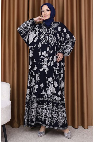 sefamerve Φόρεμα με μανίκια με λουλούδια 5574-07 Navy Blue