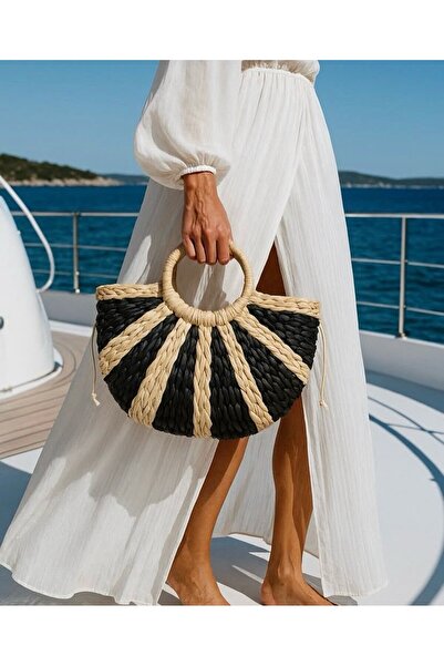 Luminos Butik Geantă din paie neagră bej 25x40 CNT1055