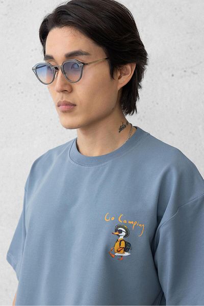 Valiberta Pocket Printed Two Thread Fabric Cotton Oversize Men's T-Shirt - Cold Blue