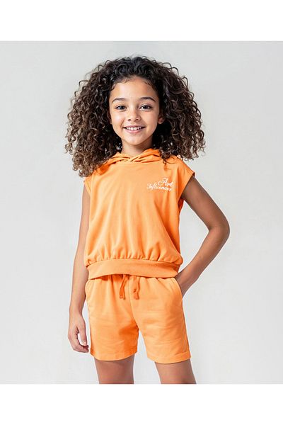 Primo Gino Primo Gino Cotton Knit Sleeveless Waist Length T-Shirt & Short Co-ord Set Text Graphic-Mock Orange