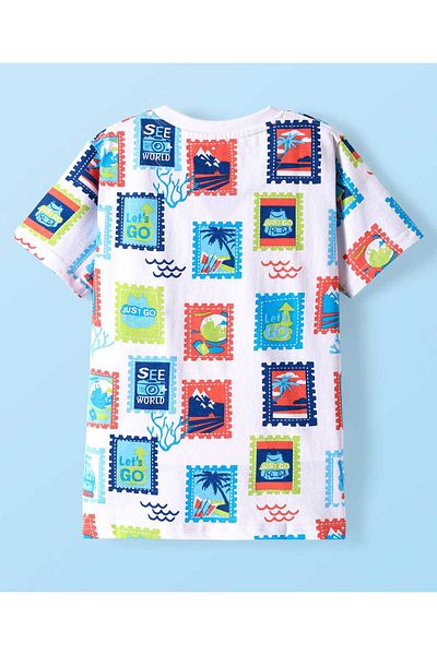 Pine kids تي شيرت باين كيدز قطني محبوك بأكمام نصفية وطبعة شاطئ - أبيض