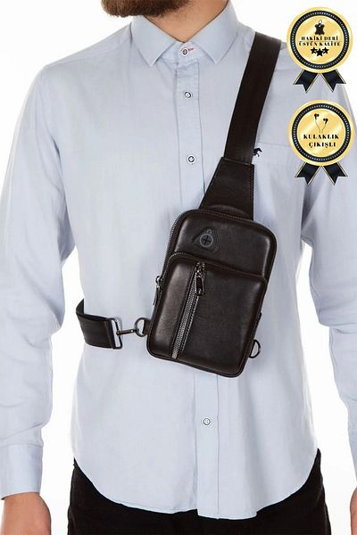 CERFF LEATHER CLUP Geantă neagră de umăr și talie din piele naturală cu compartiment pentru telefon și ieșire pentru căști