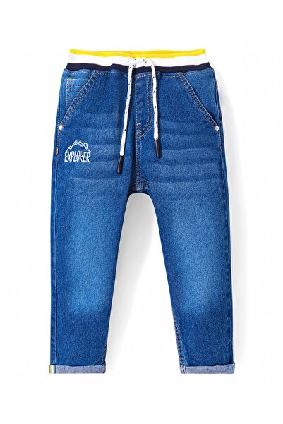 Babyhug Babyhug Denim Full Length Washed Jeans with Stretch Text Print - Blue