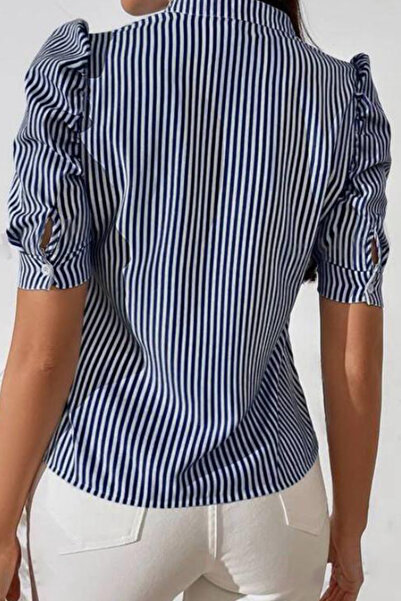 Lucax Mânecă bufantă, bluză/cămașă albastră din bumbac cu decolteu în V