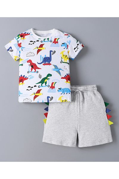 SAPS SAPS 100% Cotton All Over Dinosaur Printed Short Sleeves T-Shirt & Shorts Set - White & Grey