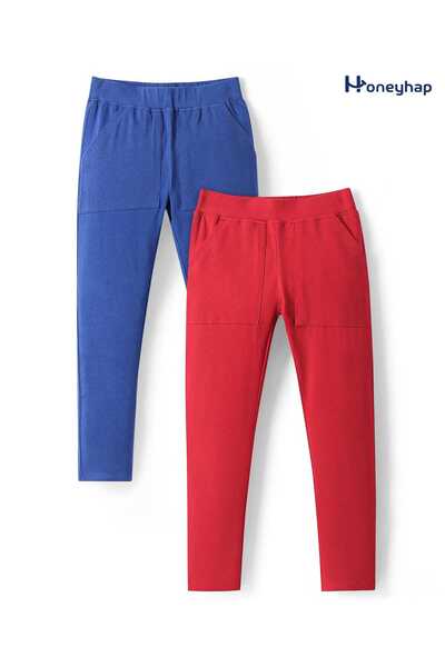 Honeyhap Honeyhap Premium Cotton Elastane Single Jersey Full Length Leggings Bio Finish-Pack of 2-Red & Blue