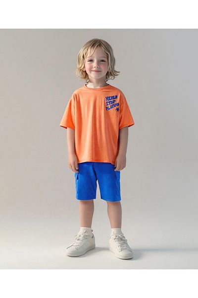 Primo Gino Primo Gino 100% Cotton Oversized T-Shirt & Cargo Shorts Set with Text Print - Orange & Blue