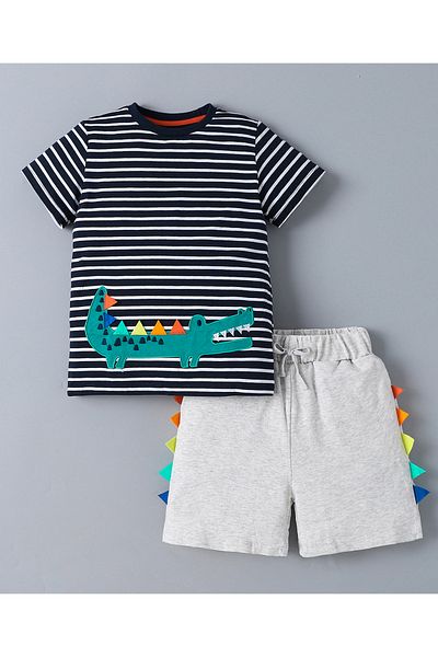 SAPS SAPS 100% Cotton Crocodile Patch & Striped Short Sleeves T-Shirt & Shorts Set - Navy & Grey