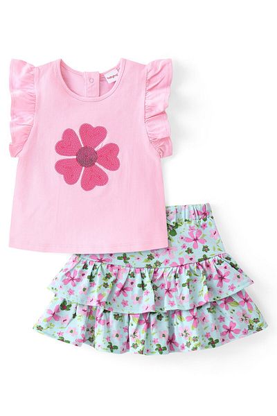 Babyhug Babyhug Cotton Knit Flutter Sleeves Floral Printed Top & Skirt Set - Pink & Green
