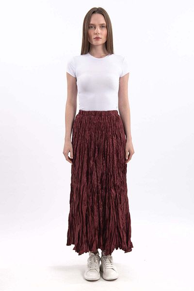 Hatun Atila Fusta maxi boemă din satin lucios pliat importat de damă Bordeaux cu talie înaltă Design elegant și confortabil