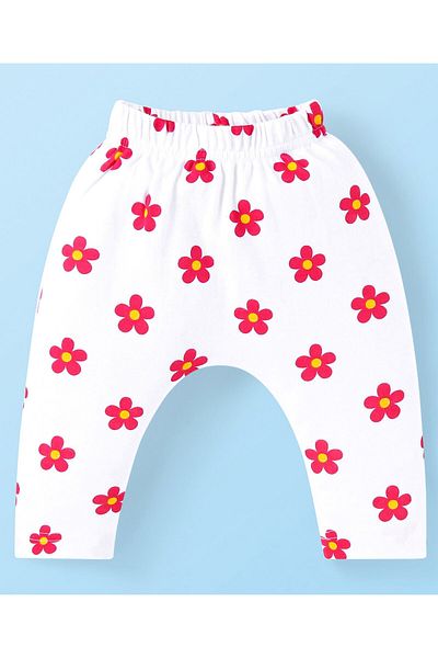 Babyhug بنطلونات حفاضات بيبي هاج إنترلوك نيت كاملة الطول ومزينة بالزهور، عبوة من 3 قطع - أبيض وأصفر ووردي