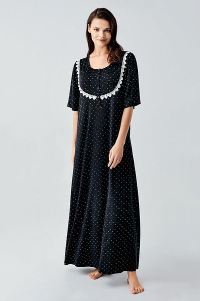 Artış Polka Dot Buttoned Short Sleeve Lycra Viscose Nightgown