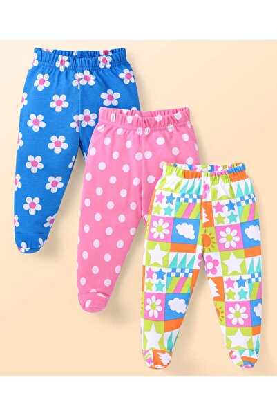 Babyhug Babyhug Cotton Knit Full Length Floral & Polka Dot Printed Bootie Leggings Pack of 3 - Blue & Pink