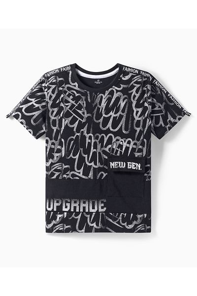 Ollington St. Ollington St. Cotton Knit Half Sleeves T-Shirt with Joggers Set With Text Print - Black
