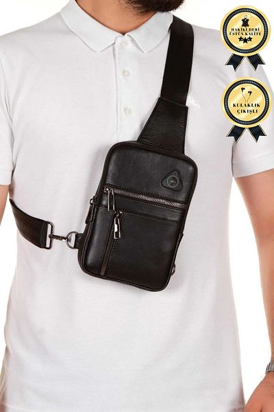 CERFF LEATHER CLUP Μαύρη τσάντα ώμου από γνήσιο δέρμα πέντε θέσεων με θήκη τηλεφώνου και έξοδο ακουστικών
