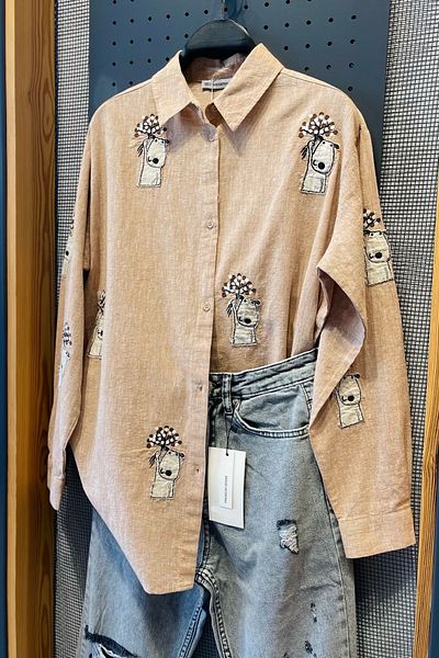 FEMELLE Cămașă oversize pentru femei 75% bumbac 25% in Broderie Brodat Mărimea 1 Mici