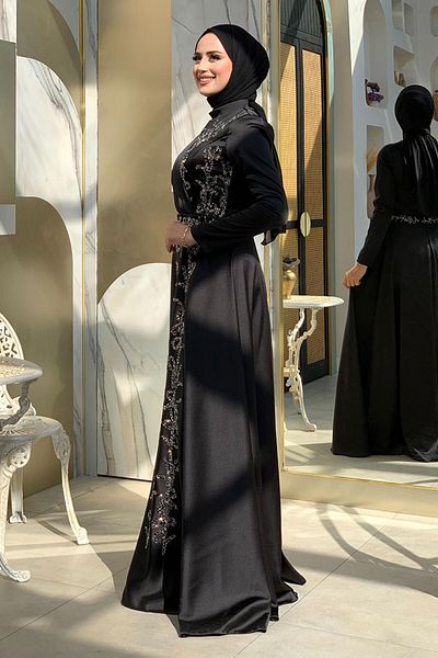 Bym Fashion Βραδινό φόρεμα σατέν με πέτρινο λεπτομερές αξεσουάρ ζώνης 5002 Μαύρο