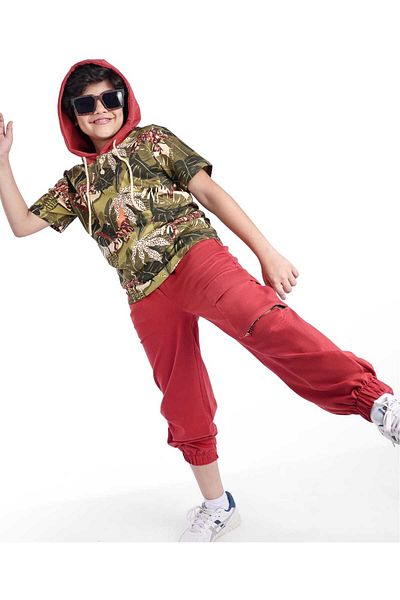 Ollington St. Ollington St. Cotton Knit Half Sleeves Hooded T-Shirt & Joggers Set Tropical Theme-Dark Red & Green