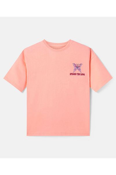 Primo Gino Primo Gino Cotton Knit Half Sleeves Butterfly Printed T-Shirt & Legging Set-Peach Nectar & Jet Black