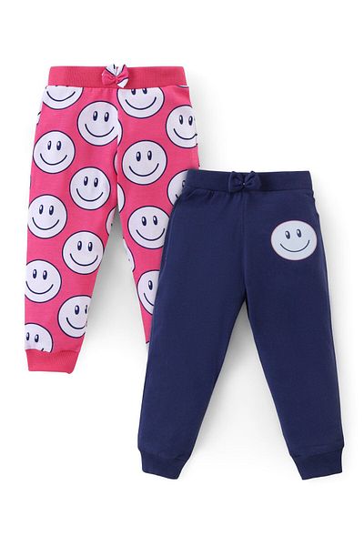 Babyhug Babyhug Cotton Knit Full Length Lounge Pant with Smiley Print Pack of 2- Pink & Navy