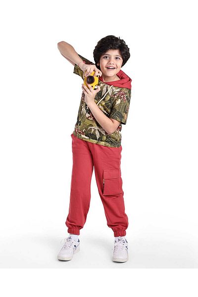 Ollington St. Ollington St. Cotton Knit Half Sleeves Hooded T-Shirt & Joggers Set Tropical Theme-Dark Red & Green