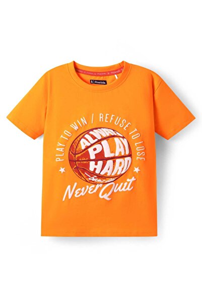 Pine kids Pine Kids Cotton Knit Half Sleeves T-Shirt With Text Print - Orange