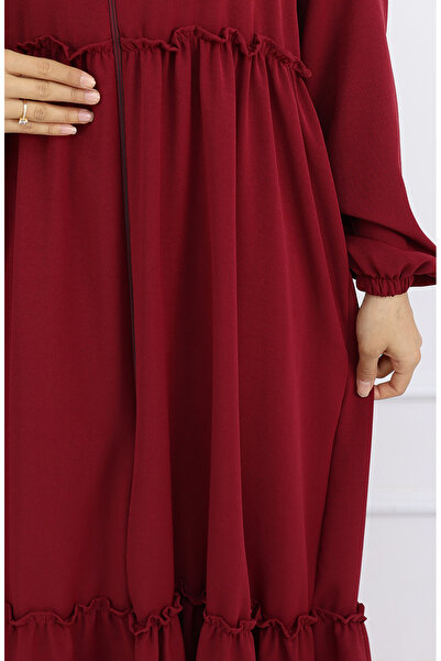 sefamerve Fırfır Detaylı Boydan Fermuarlı Ferace 0024-01 Bordo