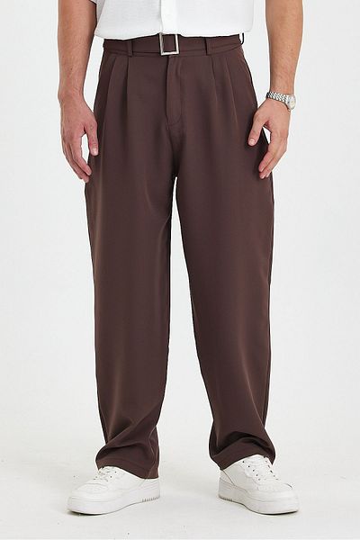 Gray Clothing Summer Pleated Baggy Fit Pocket Belt Buckle Men's Fabric Trousers Brown