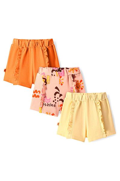 Bonfino Bonfino Cotton Knit Shorts With Frill Detailing & Fine Text Print Pack Of 3 - Peach Orange & Yellow